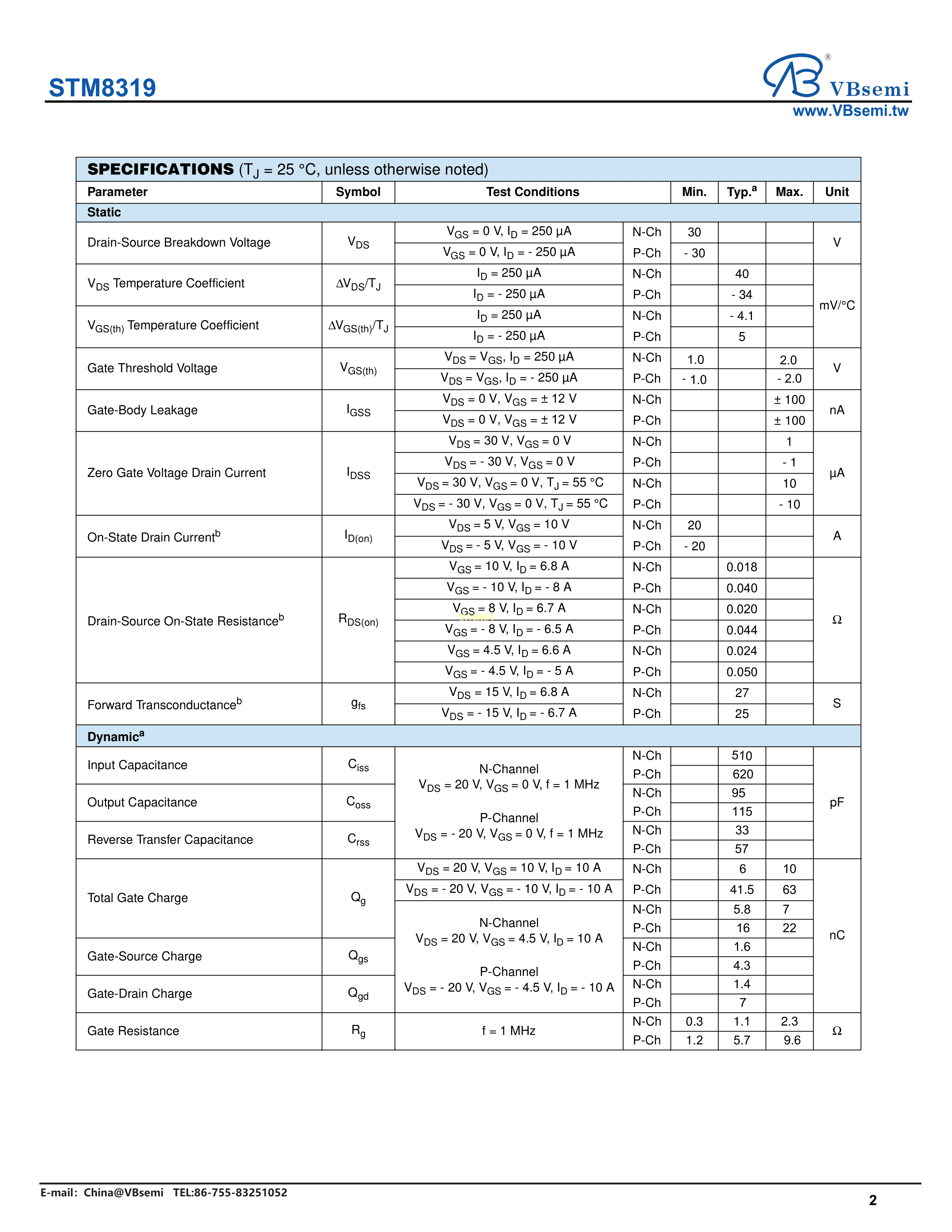 STM8319数据手册SO-8封装VBsemi(台湾微碧)PDF规格书，中英文下载 - 规格书 - 芯片模块网 - 让芯片更简单！