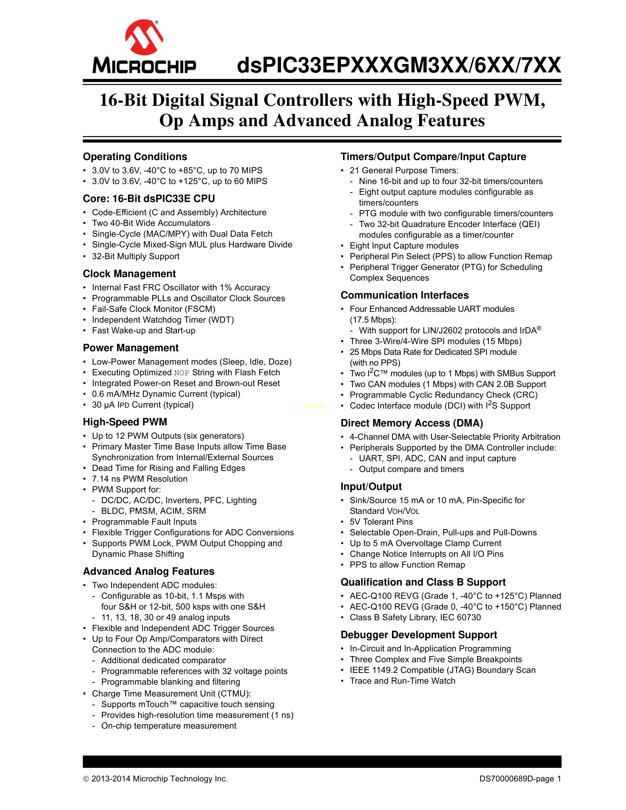 dsPIC33EP128GM710-I-PF数据手册TQFP-100封装MICROCHIP(美国微芯- 规格书- 芯片模块网- 让芯片更简单！