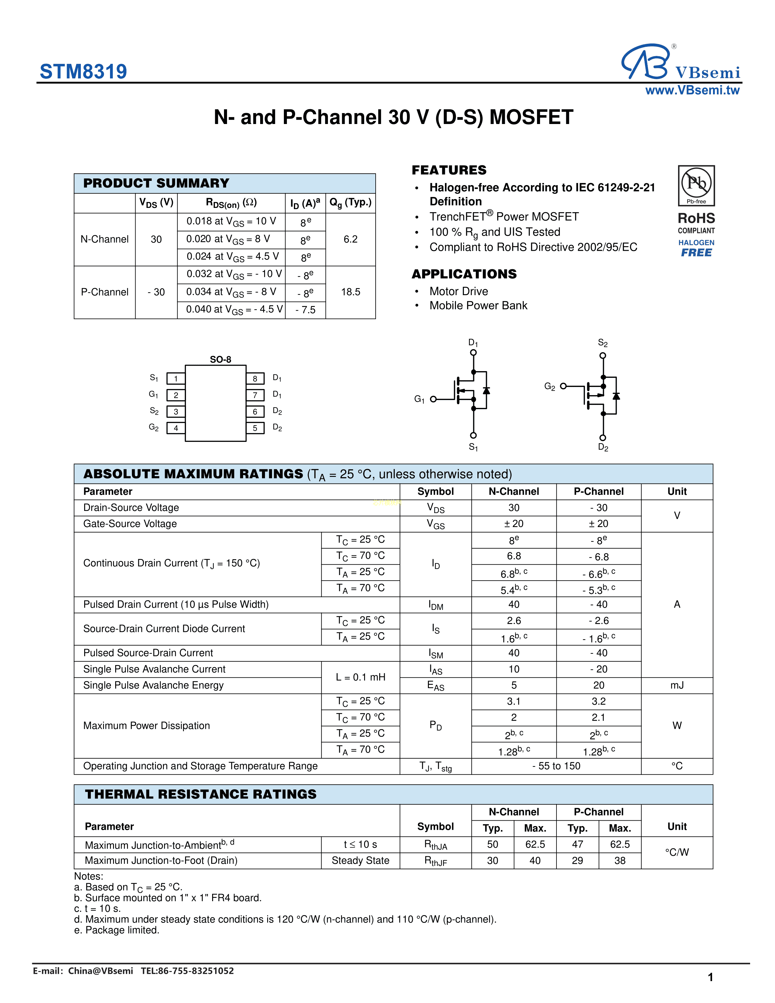 STM8319数据手册SO-8封装VBsemi(台湾微碧)PDF规格书，中英文下载 - 规格书 - 芯片模块网 - 让芯片更简单！
